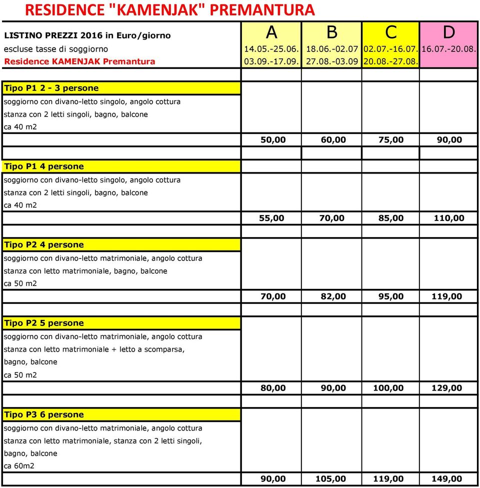 letti singoli, 55,00 70,00 85,00 110,00 Tipo P2 4 persone ca 50 m2 70,00 82,00 95,00 119,00 Tipo P2 5 persone stanza con letto matrimoniale + letto a