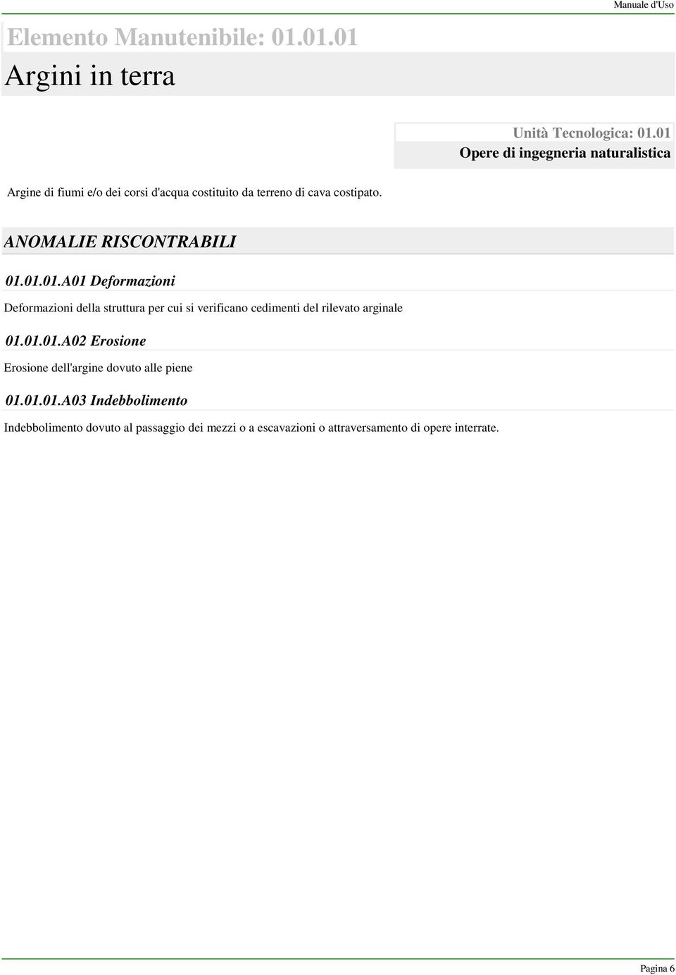 ANOMALIE RISCONTRABILI 01.01.01.A01 Deformazioni Deformazioni della struttura per cui si verificano cedimenti del rilevato arginale 01.