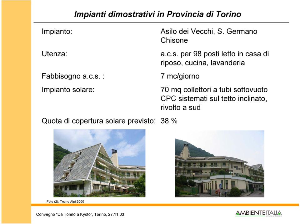 : Impianto solare: Impianti dimostrativi in Provincia di Torino Quota di copertura solare