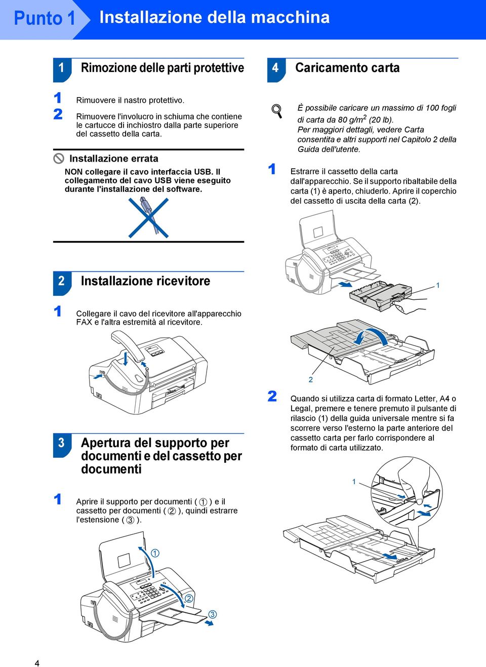 Il collegamento del cavo USB viene eseguito durante l'installazione del software. È possibile caricare un massimo di 00 fogli di carta da 80 g/m 2 (20 lb).