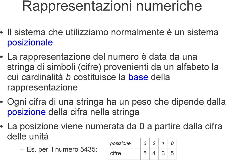 della rappresentazione Ogni cifra di una stringa ha un peso che dipende dalla posizione della cifra nella stringa La