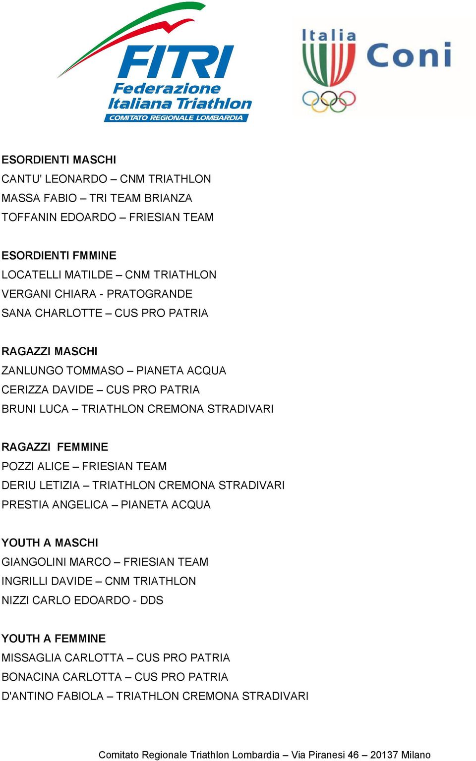 RAGAZZI FEMMINE POZZI ALICE FRIESIAN TEAM DERIU LETIZIA TRIATHLON CREMONA STRADIVARI PRESTIA ANGELICA PIANETA ACQUA YOUTH A MASCHI GIANGOLINI MARCO FRIESIAN TEAM