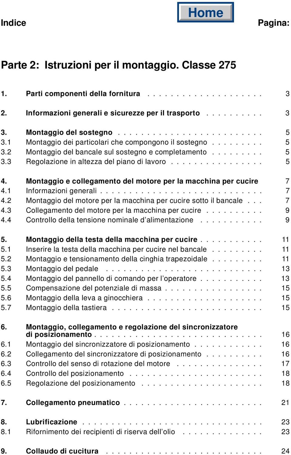 ............... 5 4. Montaggio e collegamento del motore per la macchina per cucire 7 4.1 Informazioni generali............................ 7 4.2 Montaggio del motore per la macchina per cucire sotto il bancale.