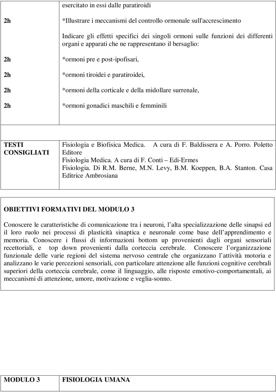 TESTI CONSIGLIATI Fisiologia e Biofisica Medica. A cura di F. Baldissera e A. Porro. Poletto Editore Fisiologia Medica. A cura di F. Conti Edi-Ermes Fisiologia. Di R.M. Berne, M.N. Levy, B.M. Koeppen, B.