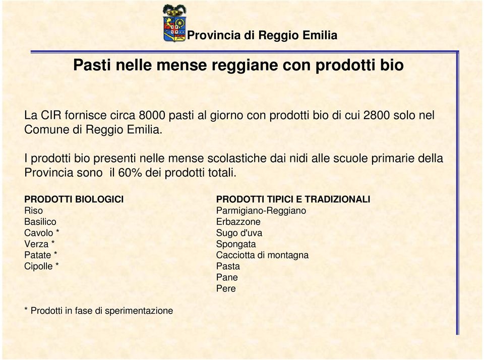 I prodotti bio presenti nelle mense scolastiche dai nidi alle scuole primarie della Provincia sono il 60% dei prodotti totali.