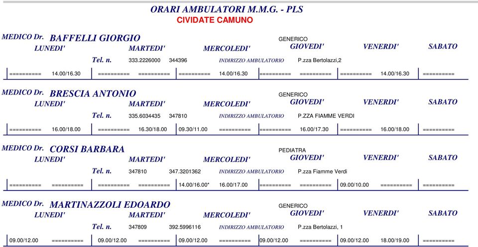 3201362 INDIRIZZO AMBULATORIO P.zza Fiamme Verdi ========== ========== ========== ========== 14.00/16.00* 16.00/17.00 ========== ========== 09.00/10.