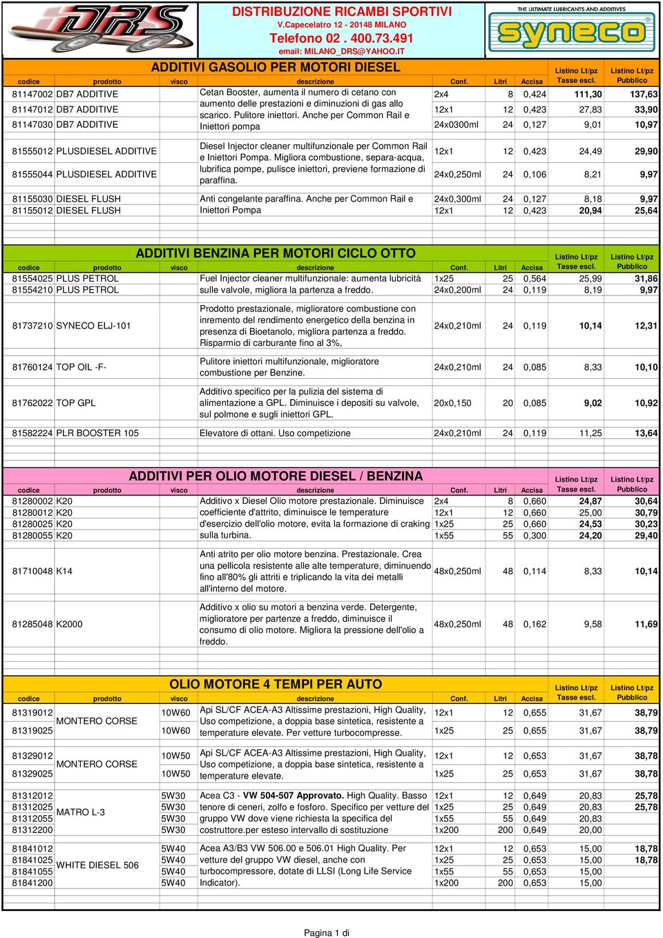 Anche per Common Rail e 12x1 12 0,423 27,83 33,90 81147030 DB7 ADDITIVE Iniettori pompa 24x0300ml 24 0,127 9,01 10,97 Diesel Injector cleaner multifunzionale per Common Rail 81555012 PLUSDIESEL