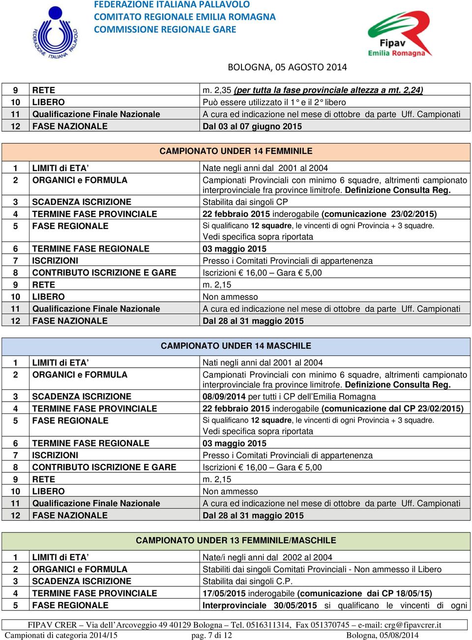 Campionati 12 FASE NAZIONALE Dal 03 al 07 giugno 2015 CAMPIONATO UNDER 14 FEMMINILE 1 LIMITI di ETA Nate negli anni dal 2001 al 2004 2 ORGANICI e FORMULA Campionati Provinciali con minimo 6 squadre,