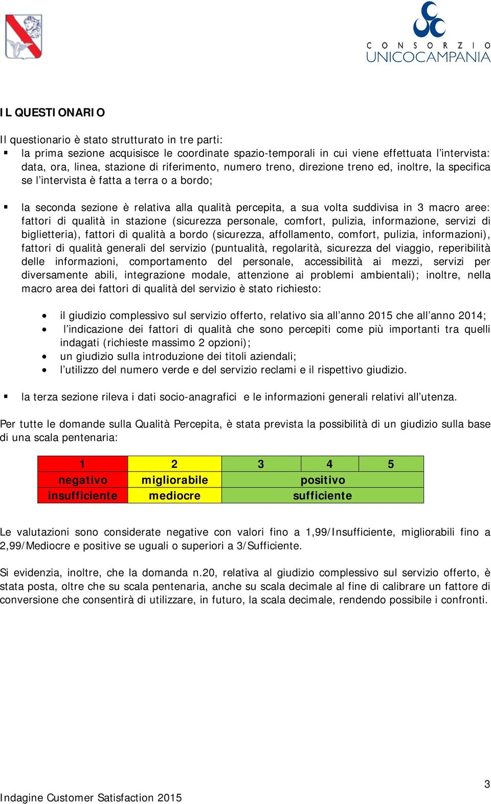 aree: fattori di qualità in stazione (sicurezza personale, comfort, pulizia, informazione, servizi di biglietteria), fattori di qualità a bordo (sicurezza, affollamento, comfort, pulizia,