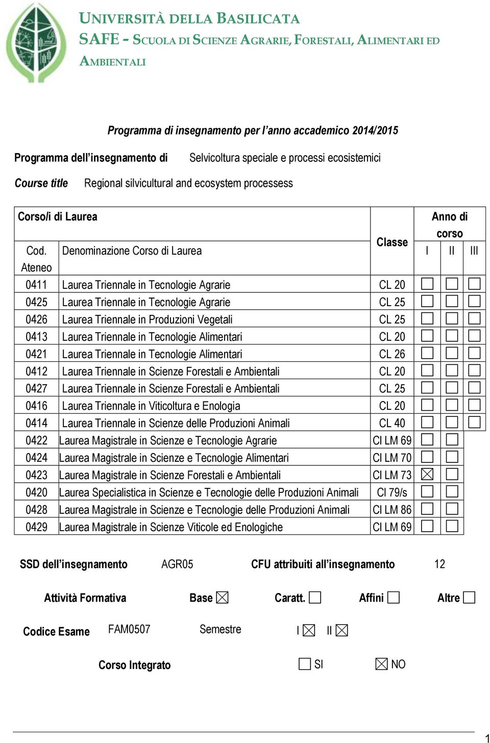 Denominazione Corso di Laurea I II III Ateneo 0411 Laurea Triennale in Tecnologie Agrarie CL 20 0425 Laurea Triennale in Tecnologie Agrarie CL 25 0426 Laurea Triennale in Produzioni Vegetali CL 25