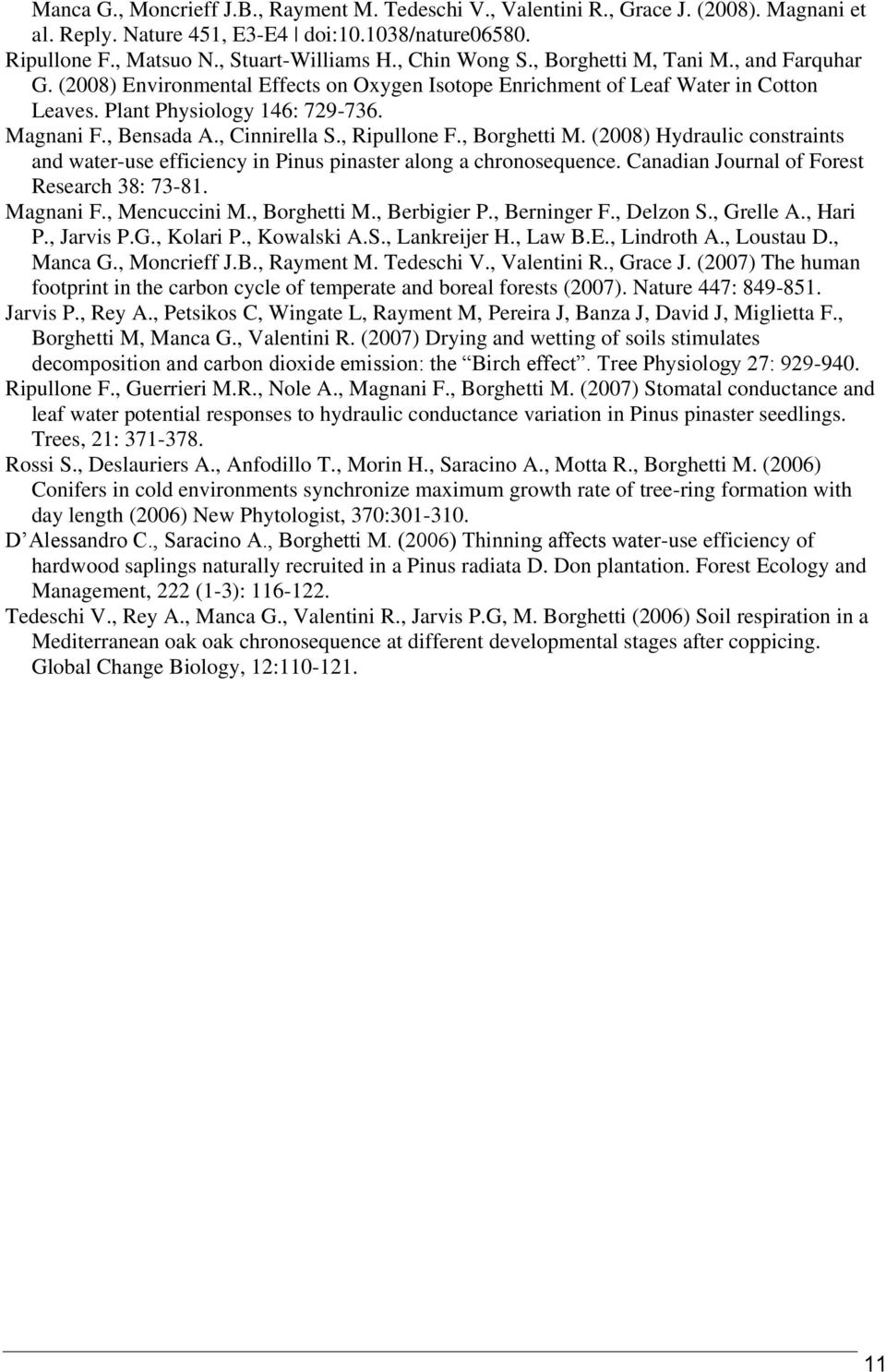 , Cinnirella S., Ripullone F., Borghetti M. (2008) Hydraulic constraints and water-use efficiency in Pinus pinaster along a chronosequence. Canadian Journal of Forest Research 38: 73-81. Magnani F.