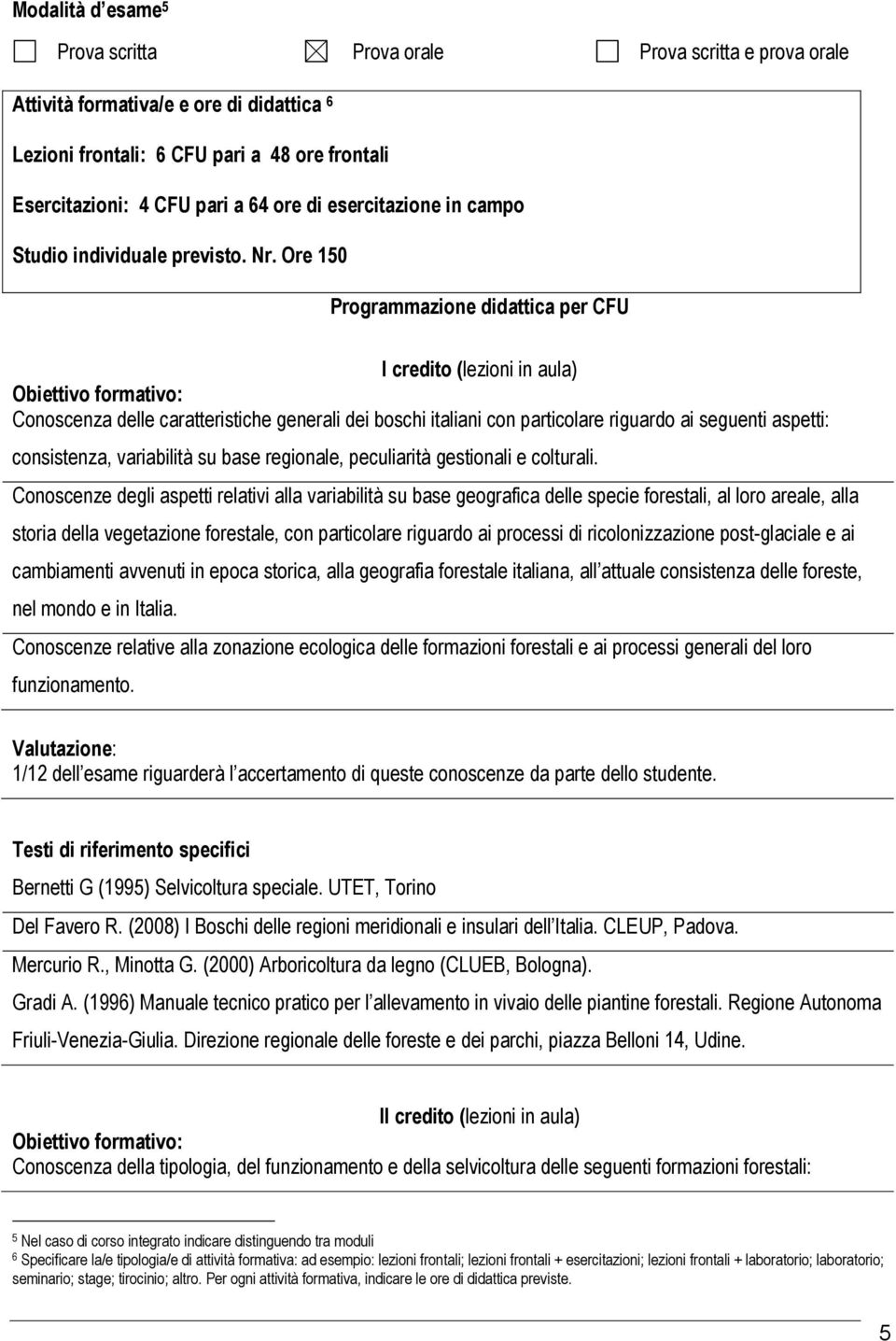 Ore 0 Programmazione didattica per CFU I credito (lezioni in aula) Conoscenza delle caratteristiche generali dei boschi italiani con particolare riguardo ai seguenti aspetti: consistenza, variabilità