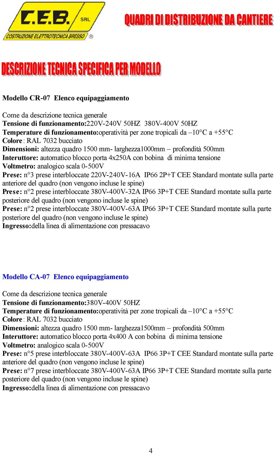 scala 0-500V Prese: n 3 prese interbloccate 220V-240V-16A IP66 2P+T CEE Standard montate sulla parte anteriore del quadro (non vengono incluse le spine) Prese: n 2 prese interbloccate 380V-400V-32A