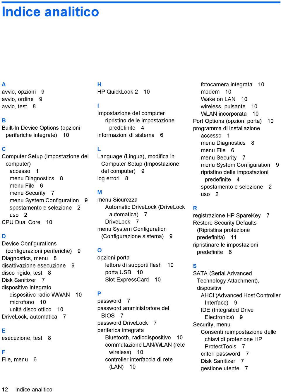 esecuzione 9 disco rigido, test 8 Disk Sanitizer 7 dispositivo integrato dispositivo radio WWAN 10 microfono 10 unità disco ottico 10 DriveLock, automatica 7 E esecuzione, test 8 F File, menu 6 H HP