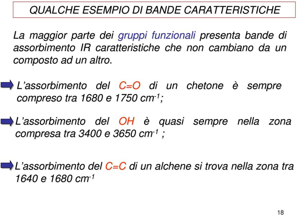 L assorbimento del C=O di un chetone è sempre compreso tra 1680 e 1750 cm - 1 ; L assorbimento del O è