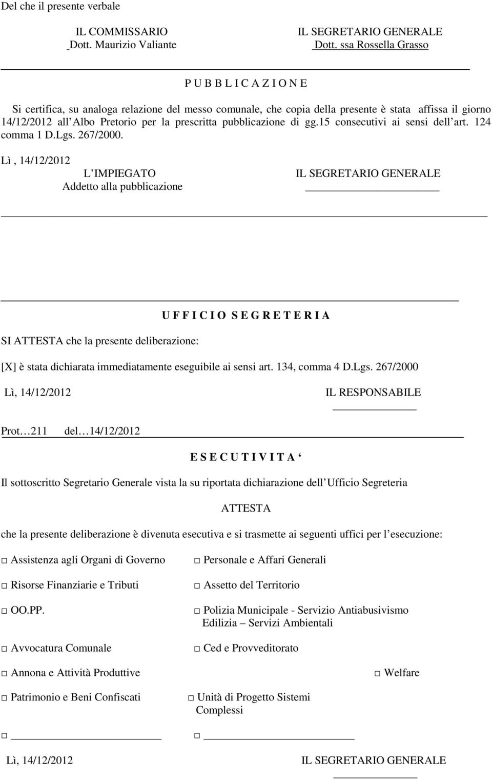 pubblicazione di gg.15 consecutivi ai sensi dell art. 124 comma 1 D.Lgs. 267/2000.