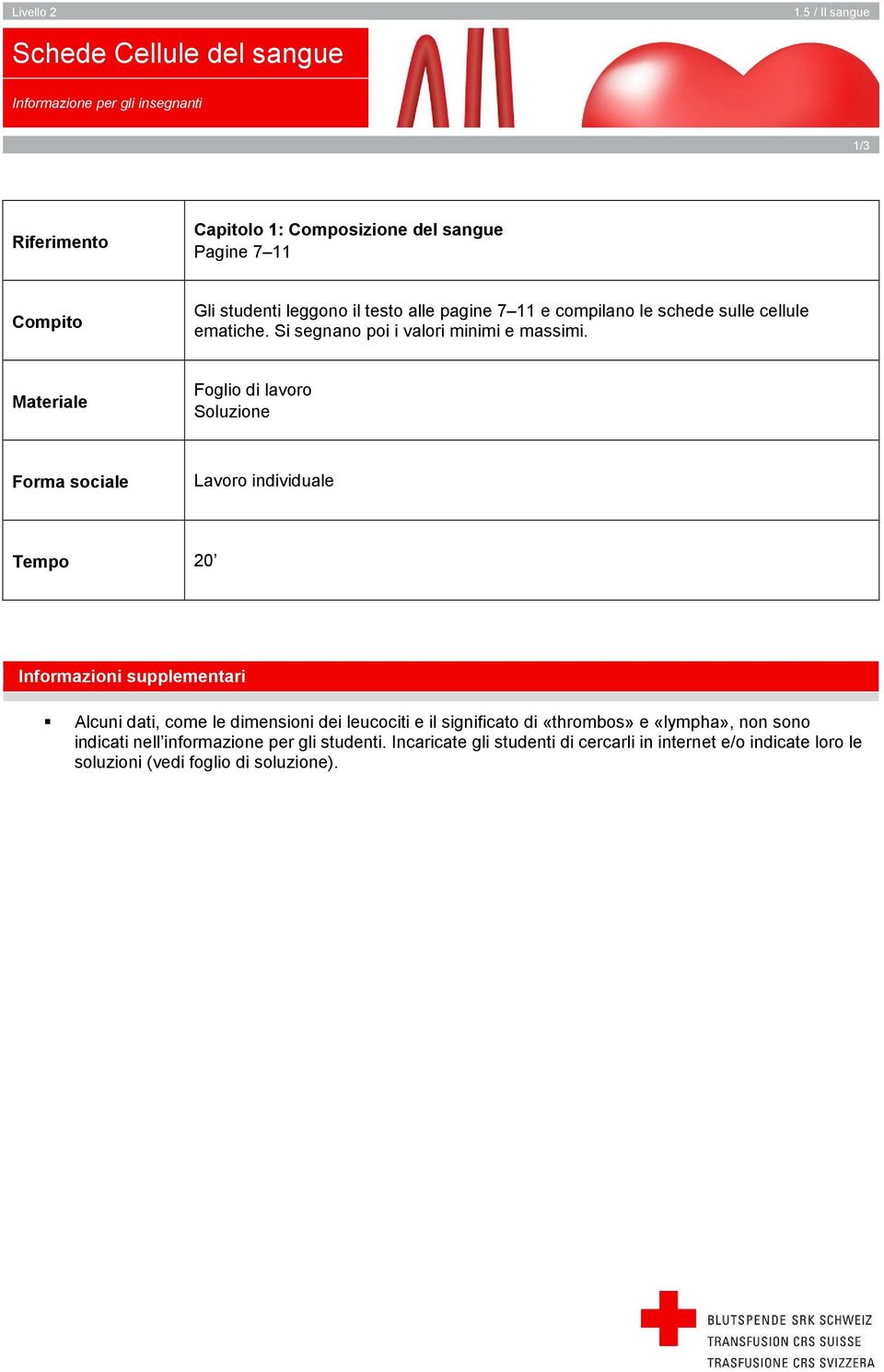 leggono il testo alle pagine 7 11 e compilano le schede sulle cellule ematiche. Si segnano poi i valori minimi e massimi.