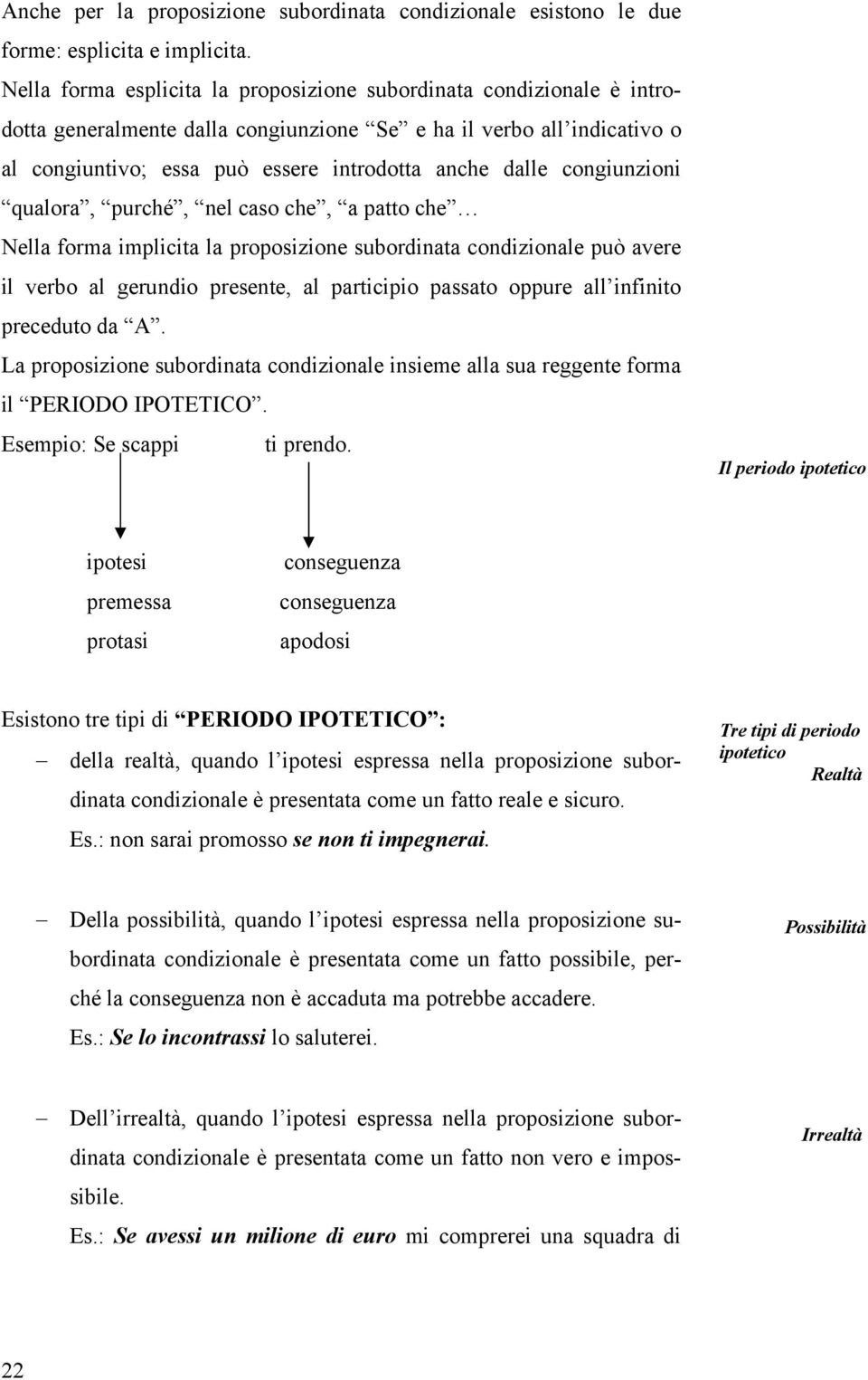 congiunzioni qualora, purché, nel caso che, a patto che Nella forma implicita la proposizione subordinata condizionale può avere il verbo al gerundio presente, al participio passato oppure all