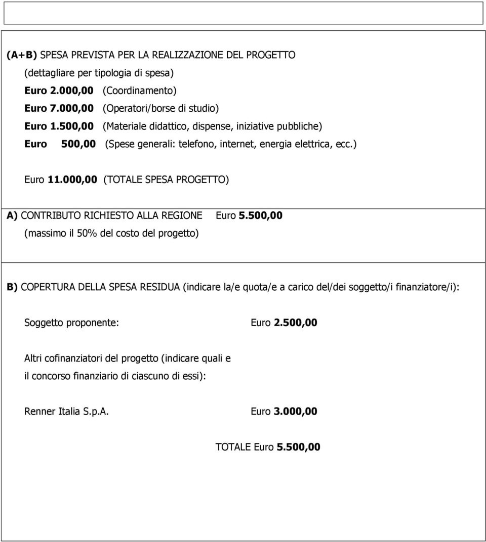 000,00 (TOTALE SPESA PROGETTO) A) CONTRIBUTO RICHIESTO ALLA REGIONE Euro 5.
