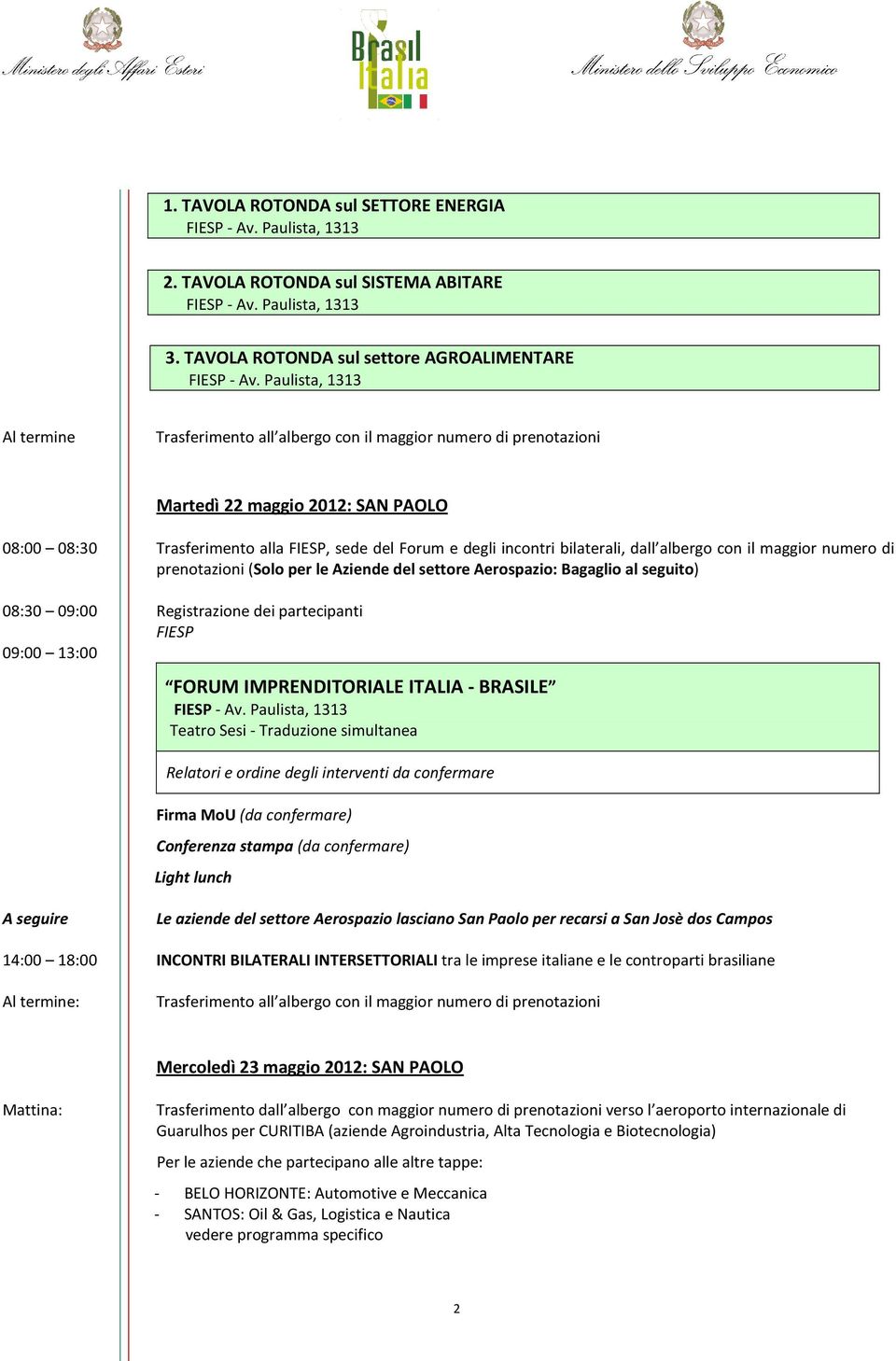 numero di prenotazioni (Solo per le Aziende del settore Aerospazio: Bagaglio al seguito) 08:30 09:00 Registrazione dei partecipanti FIESP 09:00 13:00 FORUM IMPRENDITORIALE ITALIA - BRASILE Teatro