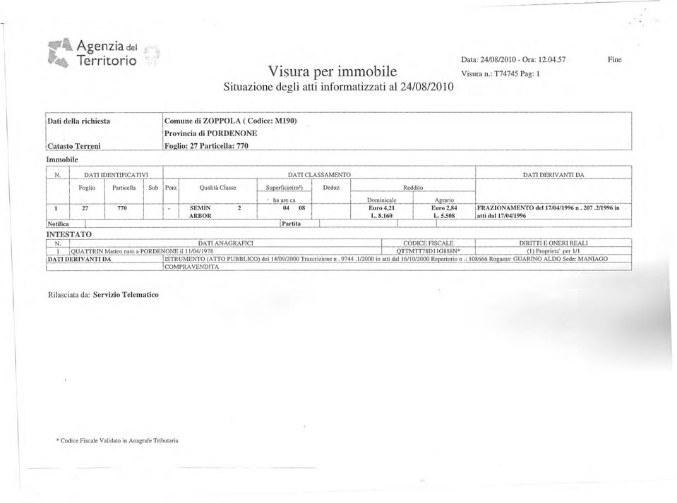 eni Foglio: 27 Particella: 770 Immobile 08 Porz27 DAParticella Qualità 770 Sub ITI I atti 04 FRAZIONAMENTO IDENTIFICA 2 CiasseSuperficie(m2) dal Deduz L. Euro 17/04/1996 Agrario 5.