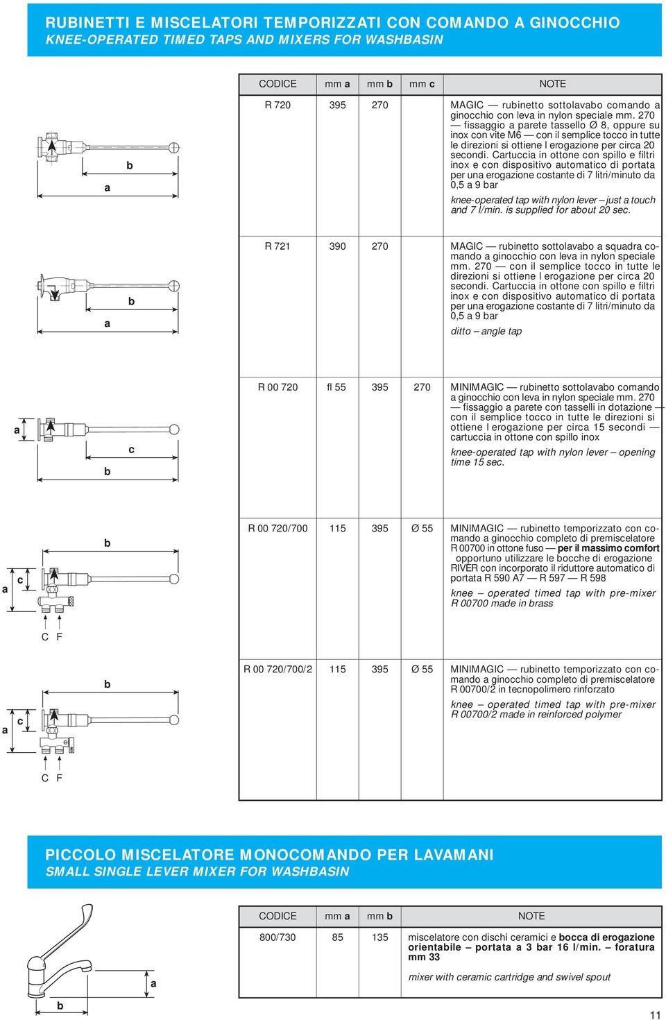 Crtucci in ottone con spillo e filtri inox e con dispositivo utomtico di portt per un erogzione costnte di 7 litri/minuto d 0,5 9 r knee-operted tp with nylon lever just touch nd 7 l/min.