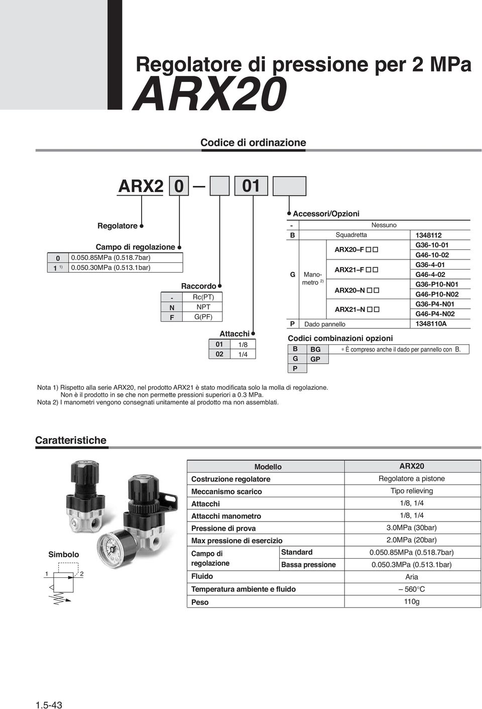 Attacchi 1 2 1/8 1/4 Codici combinazioni opzioni P P È compreso anche il dado per pannello con. Nota 1) Rispetto alla serie ARX2, nel prodotto ARX21 è stato modificata solo la molla di regolazione.