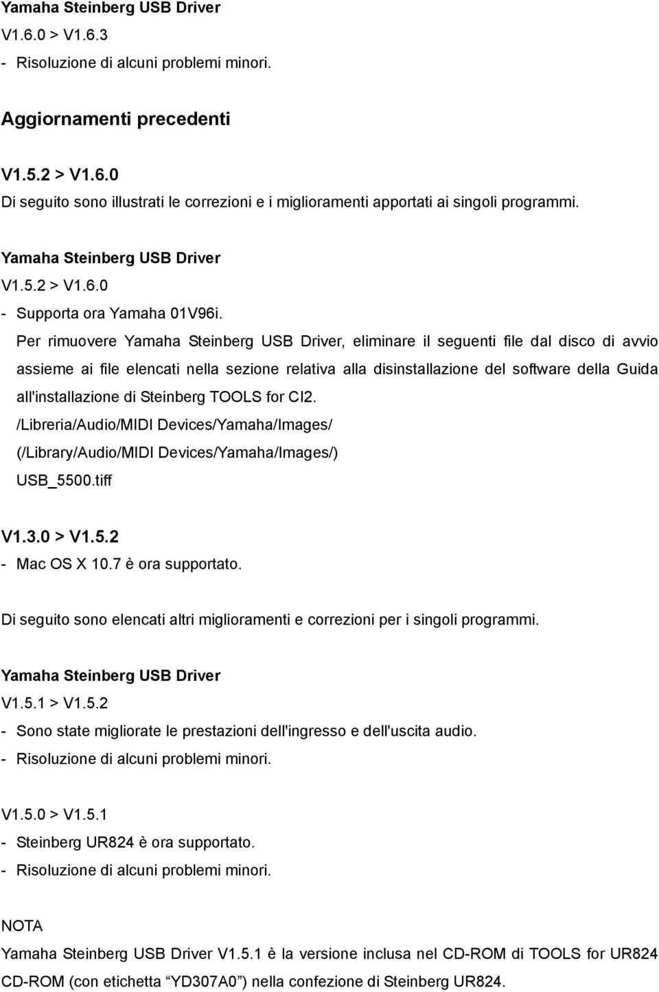 CI2. /Libreria/Audio/MIDI Devices/Yamaha/Images/ (/Library/Audio/MIDI Devices/Yamaha/Images/) USB_5500.tiff V1.3.0 > V1.5.2 - Mac OS X 10.7 è ora supportato. V1.5.1 > V1.5.2 - Sono state migliorate le prestazioni dell'ingresso e dell'uscita audio.