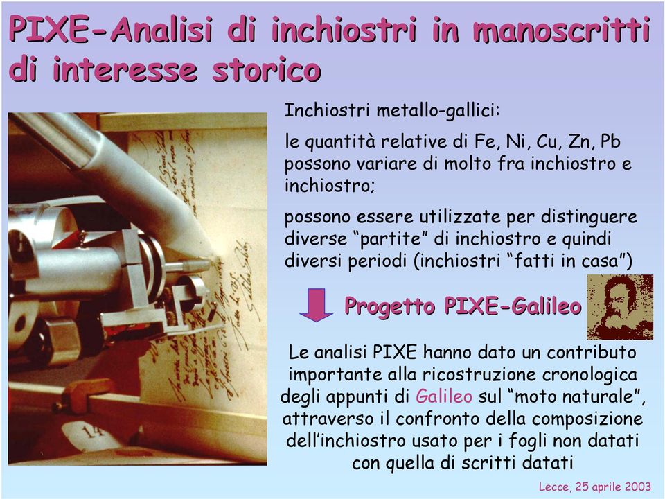 (inchiostri fatti in casa ) Progetto PIXE-Galileo Le analisi PIXE hanno dato un contributo importante alla ricostruzione cronologica degli
