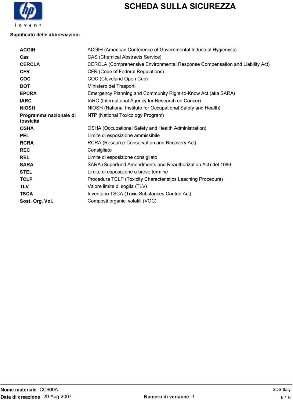 Regulations) COC (Cleveland Open Cup) Ministero dei Trasporti Emergency Planning and Community Right-to-Know Act (aka SARA) IARC (International Agency for Research on Cancer) NIOSH (National