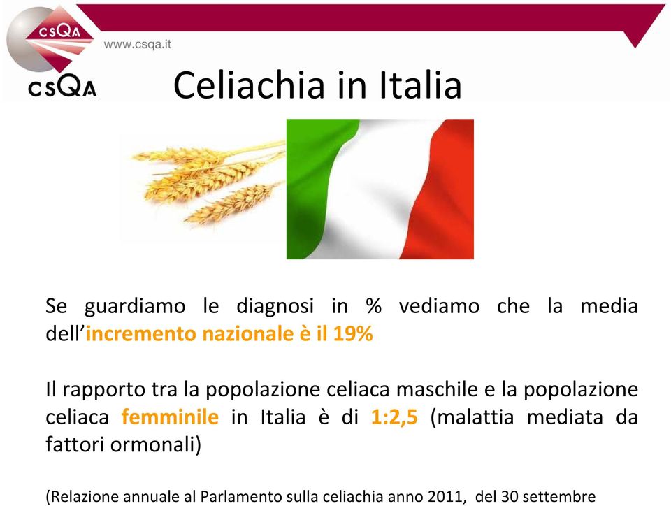la popolazione celiaca femminile in Italia è di 1:2,5 (malattia mediata da