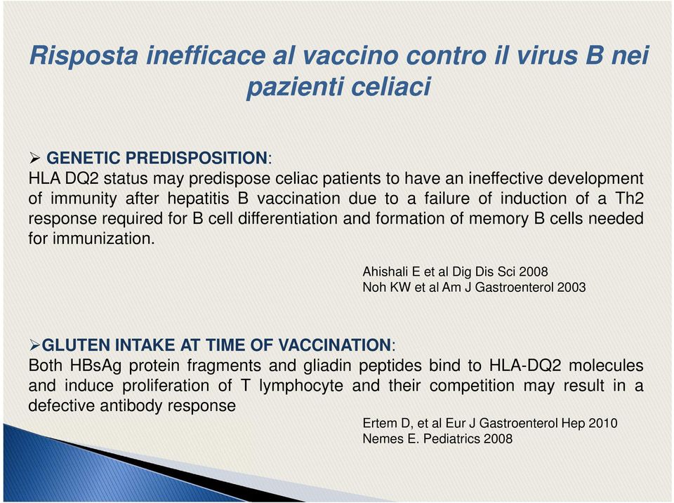 Ahishali E et al Dig Dis Sci 2008 Noh KW et al Am J Gastroenterol 2003 GLUTEN INTAKE AT TIME OF VACCINATION: Both HBsAg protein fragments and gliadin peptides bind to HLA-DQ2