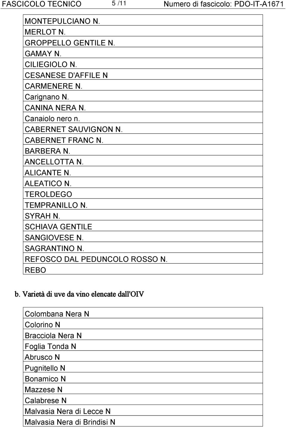 ALEATICO N. TEROLDEGO TEMPRANILLO N. SYRAH N. SCHIAVA GENTILE SANGIOVESE N. SAGRANTINO N. REFOSCO DAL PEDUNCOLO ROSSO N. REBO b.