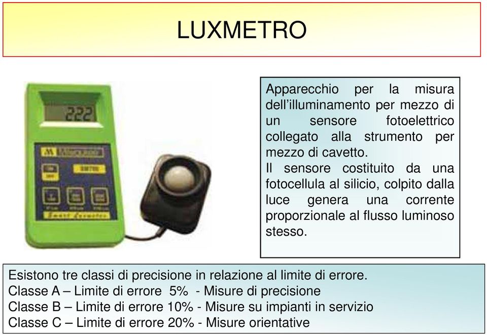 Il sensore costituito da una fotocellula al silicio, colpito dalla luce genera una corrente proporzionale al flusso luminoso