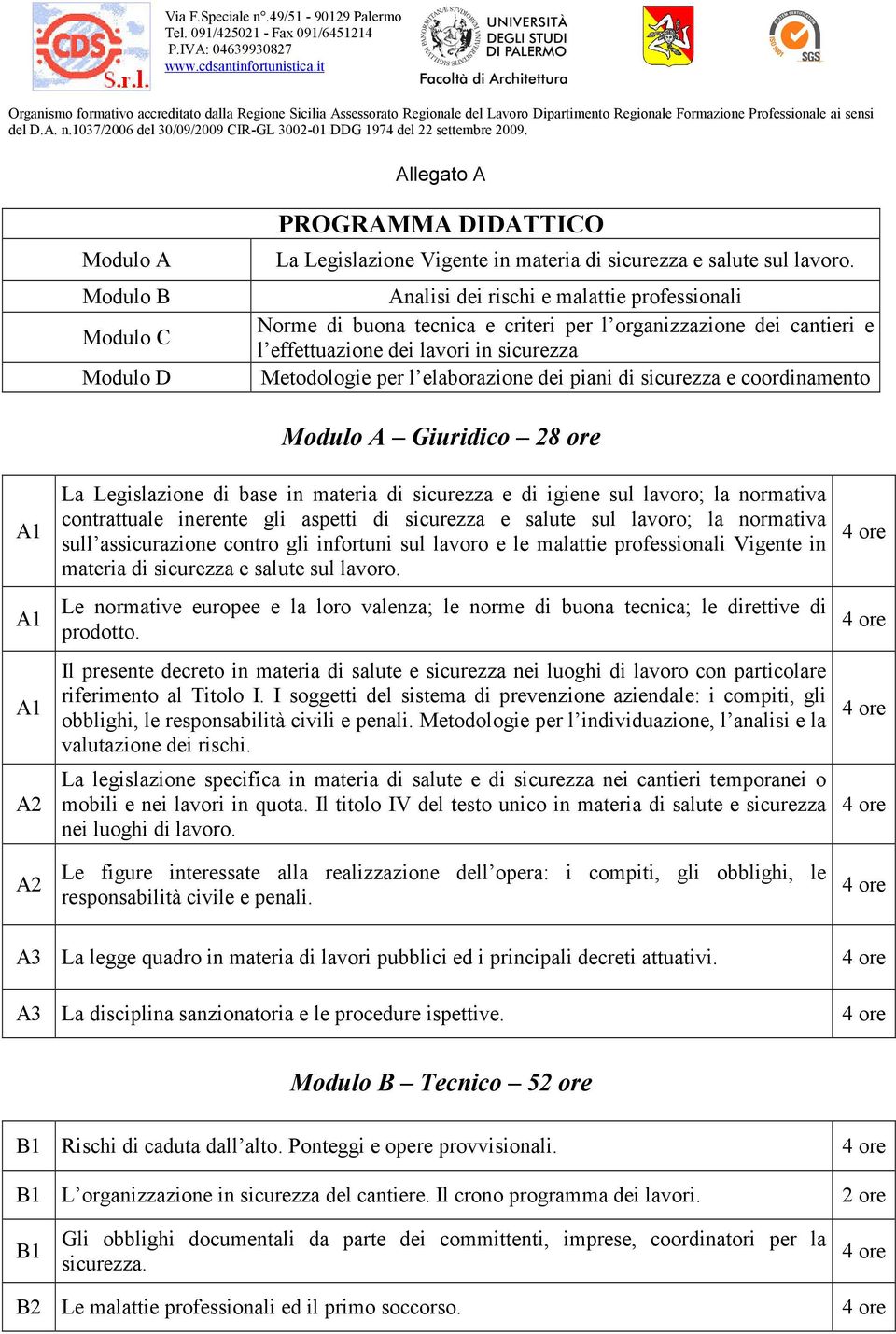 sicurezza e coordinamento A2 A2 Modulo A Giuridico 28 ore La Legislazione di base in materia di sicurezza e di igiene sul lavoro; la normativa contrattuale inerente gli aspetti di sicurezza e salute