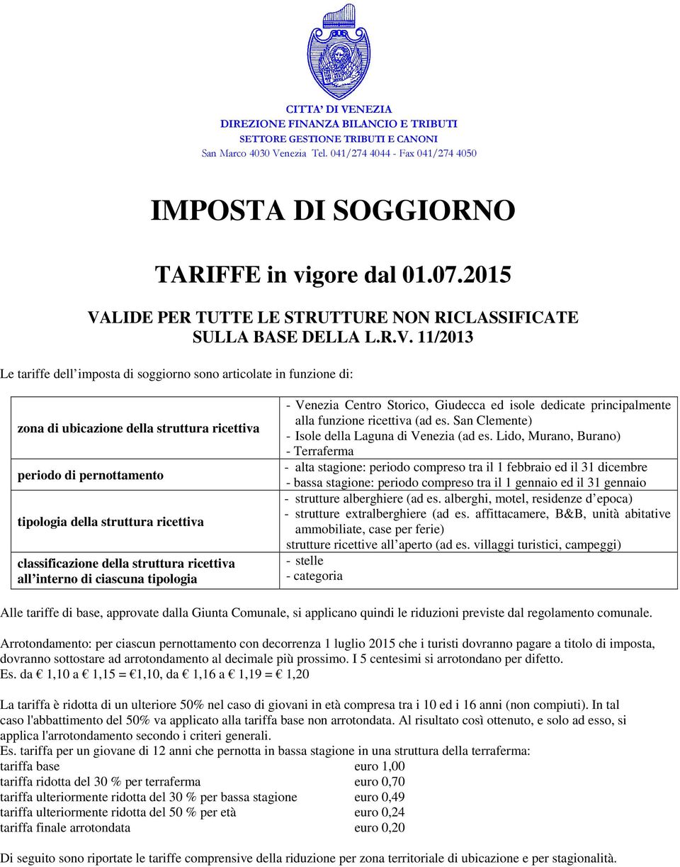 11/2013 Le tariffe dell imposta di soggiorno sono articolate in funzione di: zona di ubicazione della struttura ricettiva periodo di pernottamento tipologia della struttura ricettiva classificazione