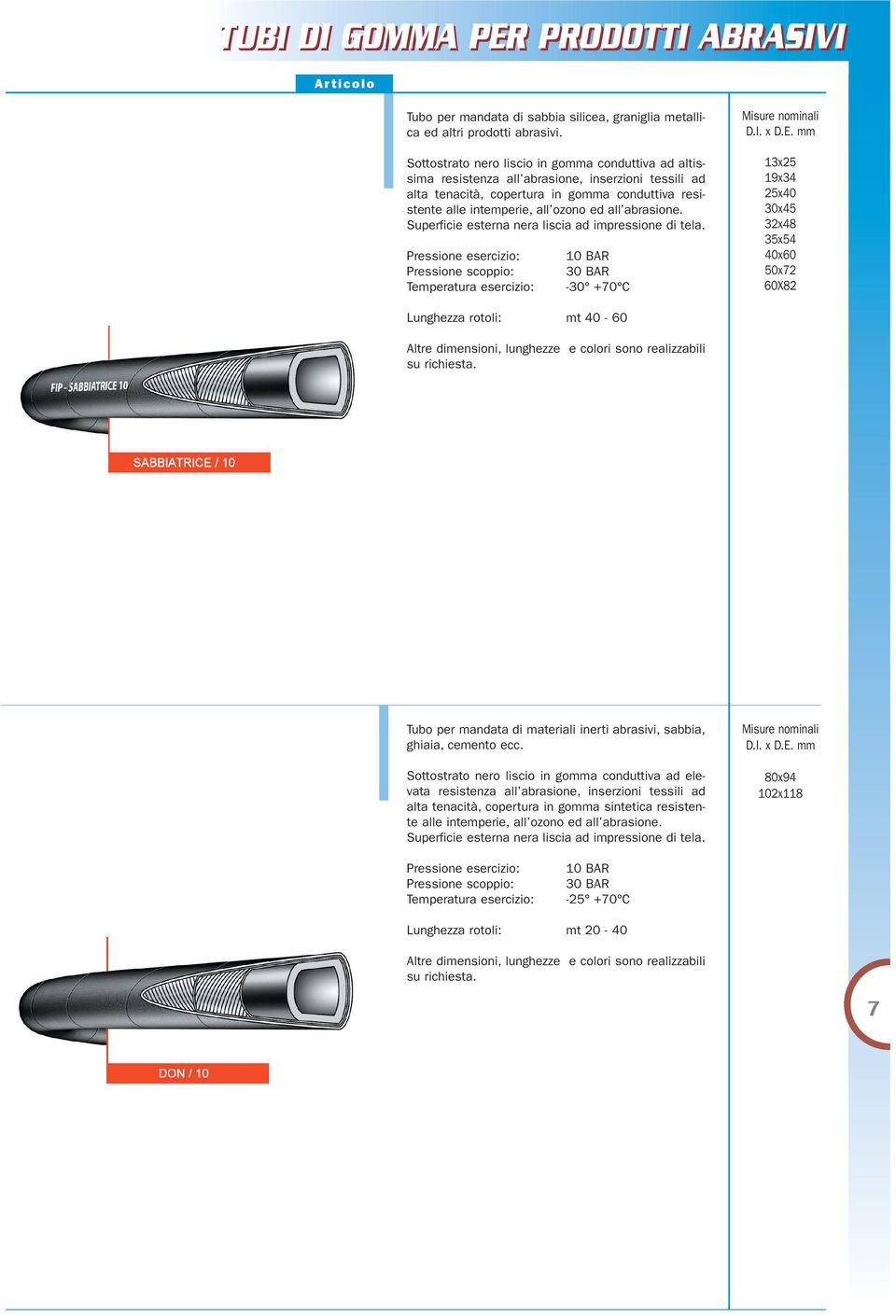 all ozono ed all abrasione. -30 +70 C 13x25 19x34 25x40 30x45 32x48 35x54 40x60 50x72 60X82 Tubo per mandata di materiali inerti abrasivi, sabbia, ghiaia, cemento ecc.