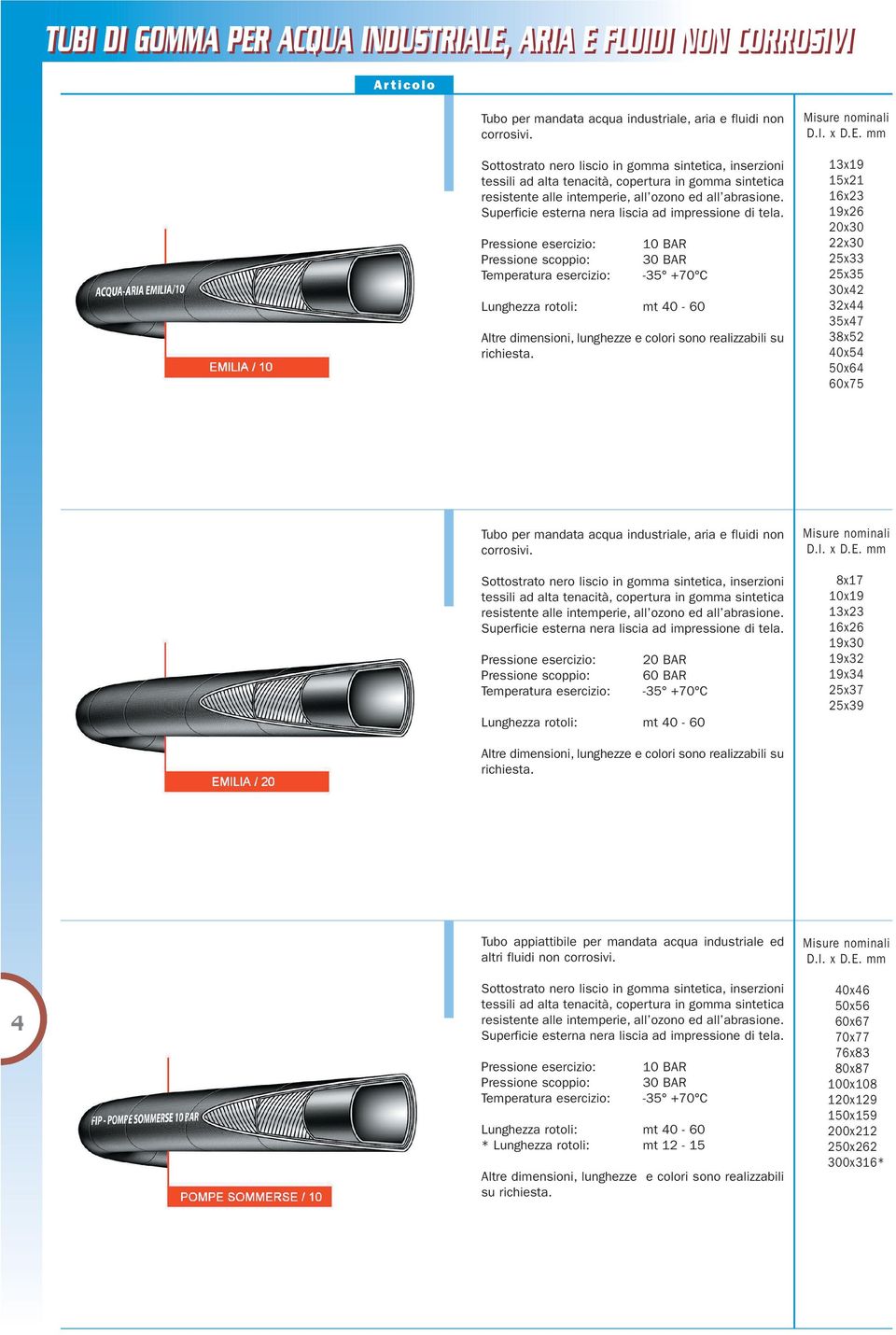 13x19 15x21 16x23 19x26 20x30 22x30 25x33 25x35 30x42 32x44 35x47 38x52 40x54 50x64 60x75 Tubo per mandata acqua industriale, aria e fluidi non corrosivi.