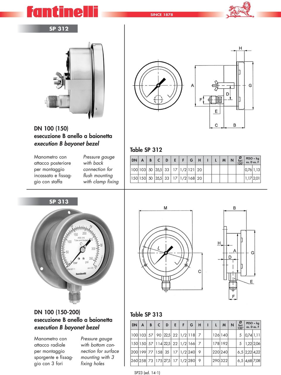 F 0,76 1,13 1, 2,01 SP 313 DN 100 (1-200) esecuzione B anello a baionetta execution B bayonet bezel Table SP 313 DN A B C D E F G H I L M N Ø fori 120 PESO ~ kg es. D es.