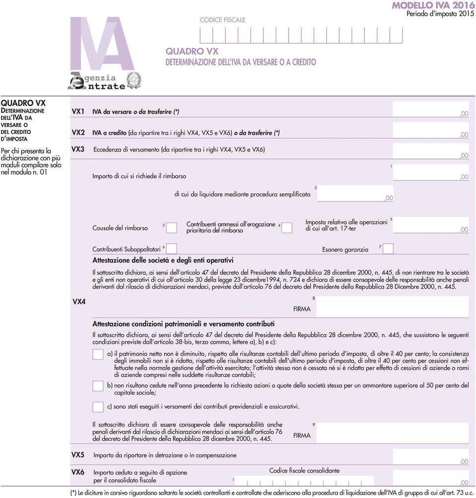 0 VX IVA da versare o da trasferire (*) VX2 IVA a credito (da ripartire tra i righi VX4, VX5 e VX6) o da trasferire (*) VX3 Eccedenza di versamento (da ripartire tra i righi VX4, VX5 e VX6) Importo