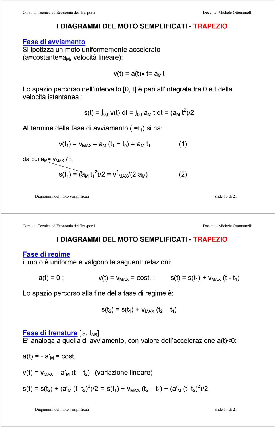 MAX / t 1 s(t 1 ) = (a M t 1 2 )/2 = v 2 MAX/(2 a M ) (2) Diagrammi del moto semplificati slide 13 di 21 - TRAPEZIO Fase di regime il moto è uniforme e valgono le seguenti relazioni: a(t) = 0 ; v(t)