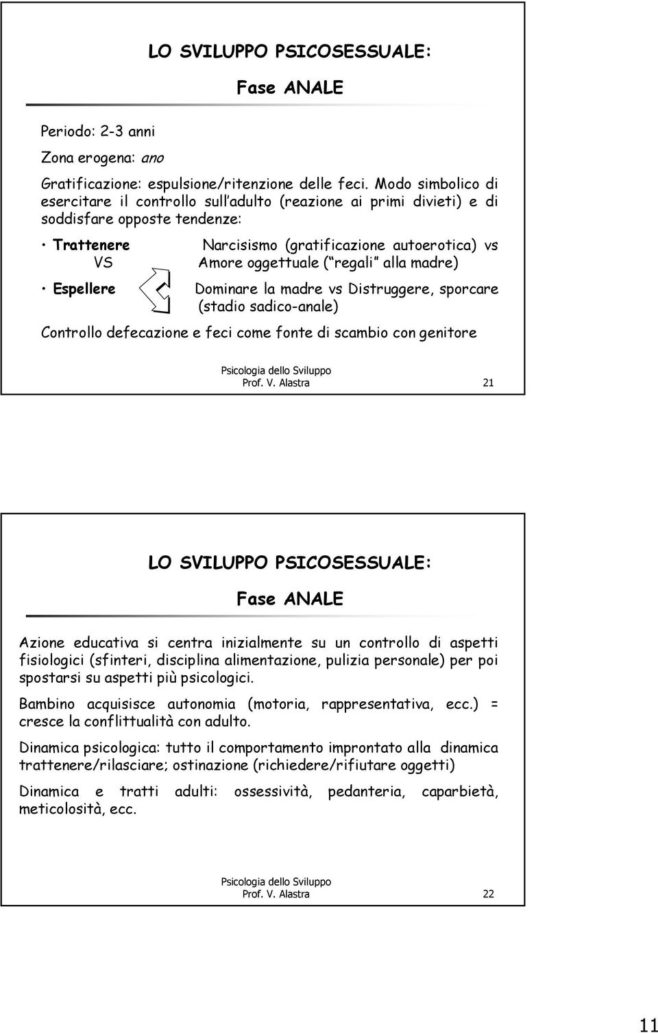 ( regali alla madre) Dominare la madre vs Distruggere, sporcare (stadio sadico-anale) Controllo defecazione e feci come fonte di scambio con genitore Prof. V.