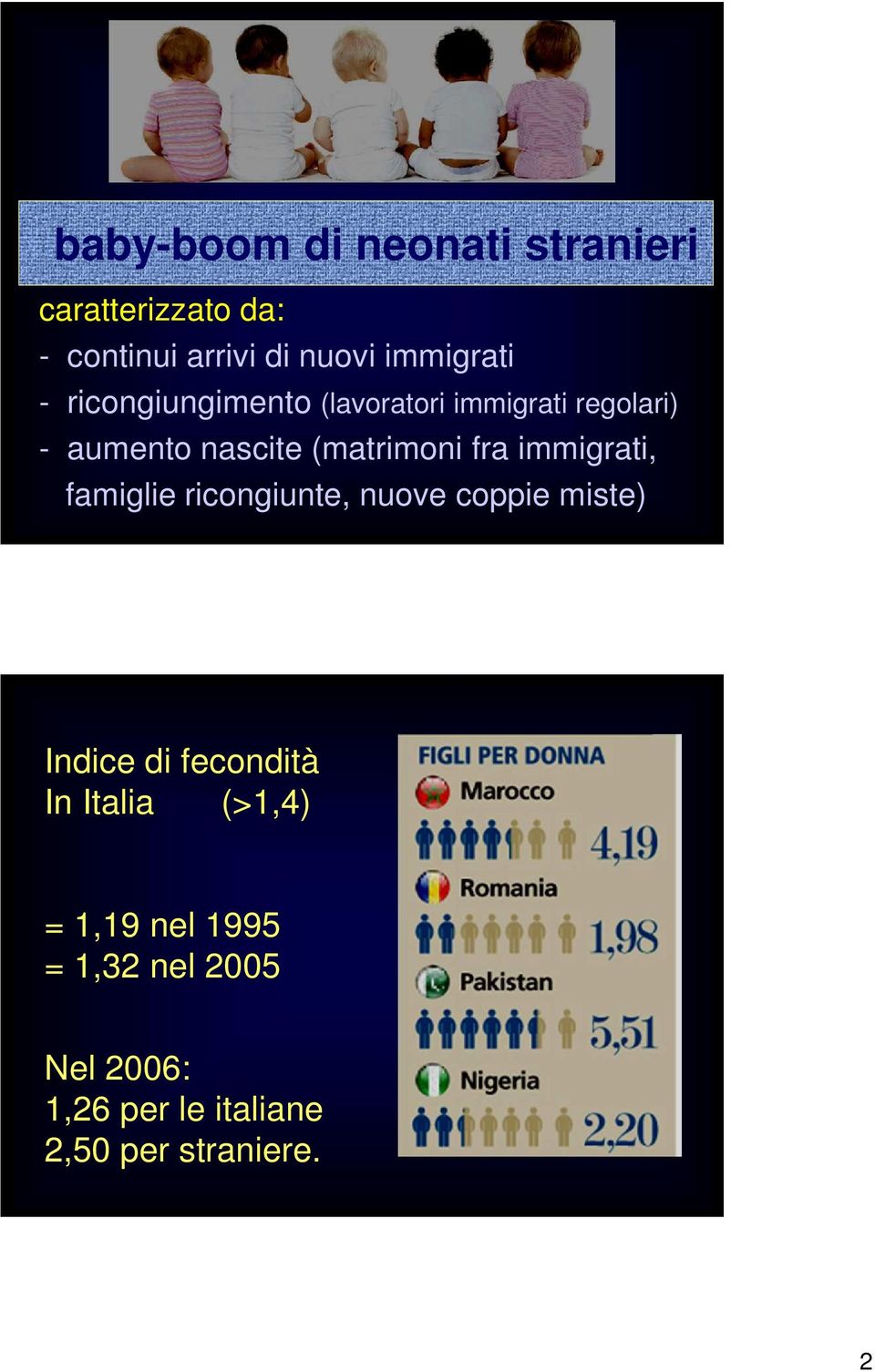 immigrati, famiglie ricongiunte, nuove coppie miste) Indice di fecondità In Italia