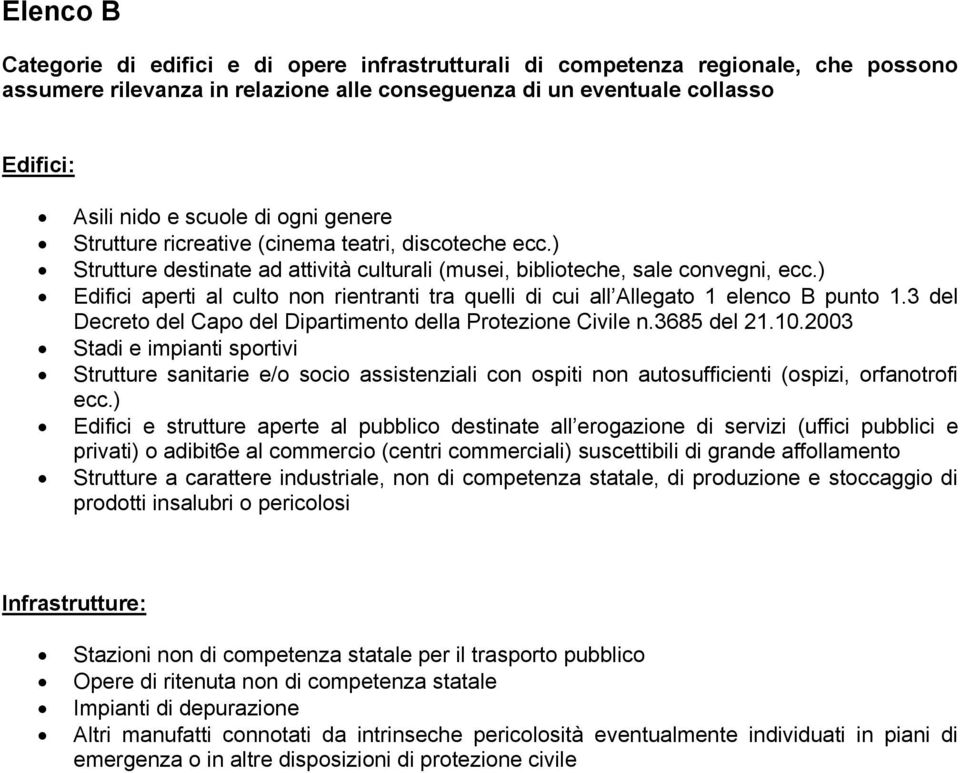 ) Edifici aperti al culto non rientranti tra quelli di cui all Allegato 1 elenco B punto 1.3 del Decreto del Capo del Dipartimento della Protezione Civile n.3685 del 21.10.