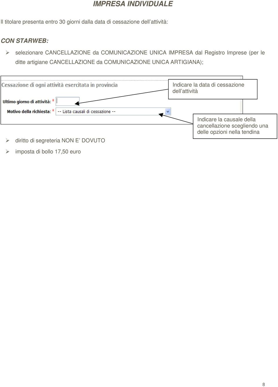 CANCELLAZIONE da COMUNICAZIONE UNICA ARTIGIANA); Indicare la data di cessazione dell attività diritto di