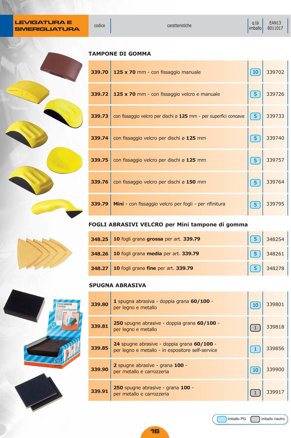 76 con fissaggio velcro per dischi ø 0 mm 339764 339.79 Mini - con fissaggio velcro per fogli - per rifinitura 33979 FOGLI ABRASIVI VELCRO per Mini tampone di gomma 348. fogli grana grossa per art.