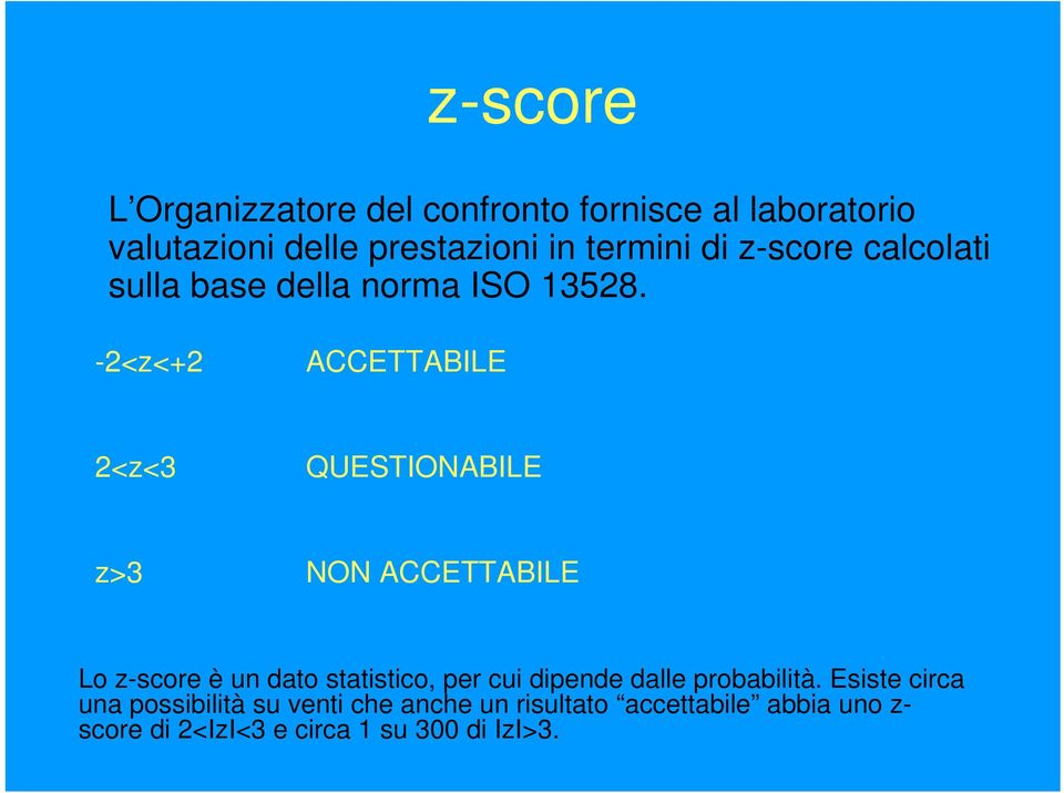 -2<z<+2 ACCETTABILE 2<z<3 QUESTIONABILE z>3 NON ACCETTABILE Lo z-score è un dato statistico, per cui