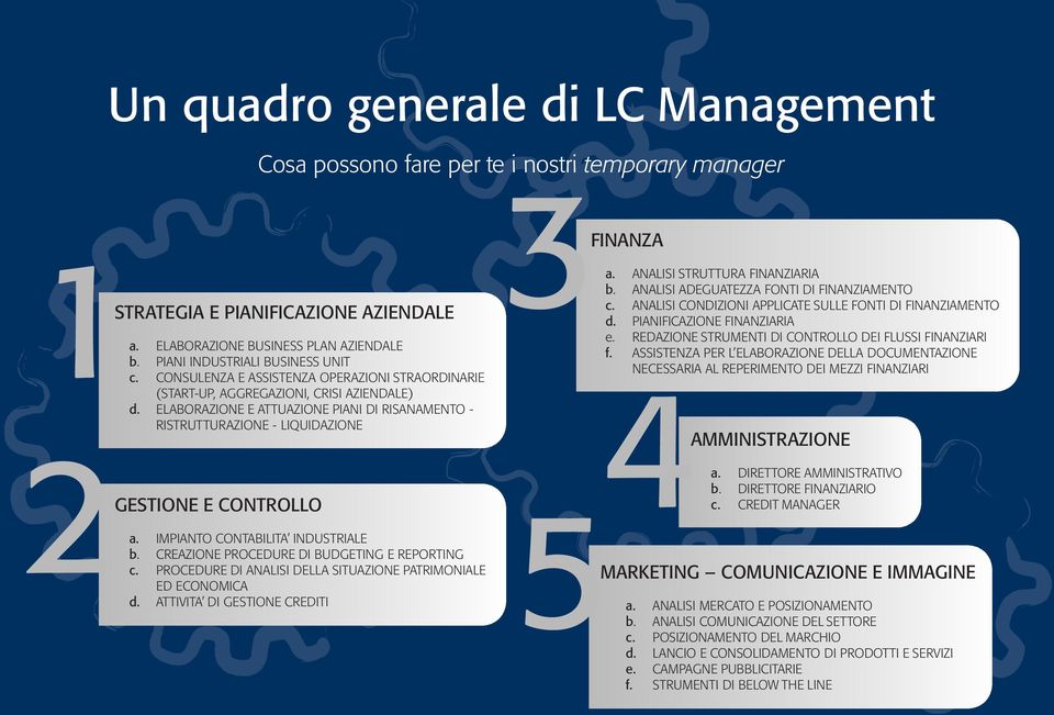 IMPIANTO CONTABILITA INDUSTRIALE b. CREAZIONE PROCEDURE DI BUDGETING E REPORTING c. PROCEDURE DI ANALISI DELLA SITUAZIONE PATRIMONIALE ED ECONOMICA d. ATTIVITA DI GESTIONE CREDITI a.