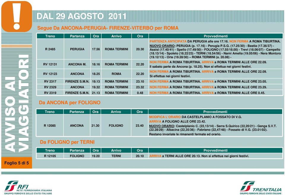 49/50) - (17.55/18.00) - Trevi (18.06/07) - Campello (18.13/14) - Spoleto (18.22/23) - TERNI (18.54/56) - Narni Amelia (19.05/06) - Nera Montoro (19.12/13) - Orte (19.28/30) (a. 20.