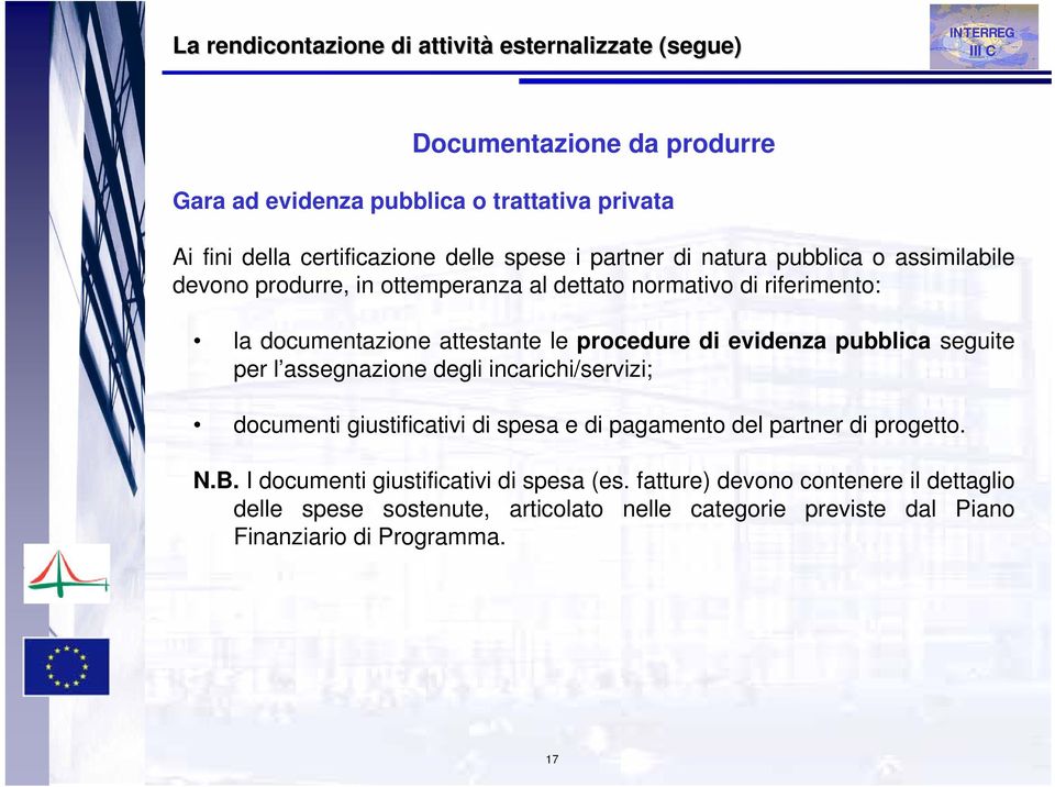 di evidenza pubblica seguite per l assegnazione degli incarichi/servizi; documenti giustificativi di spesa e di pagamento del partner di progetto. N.B.